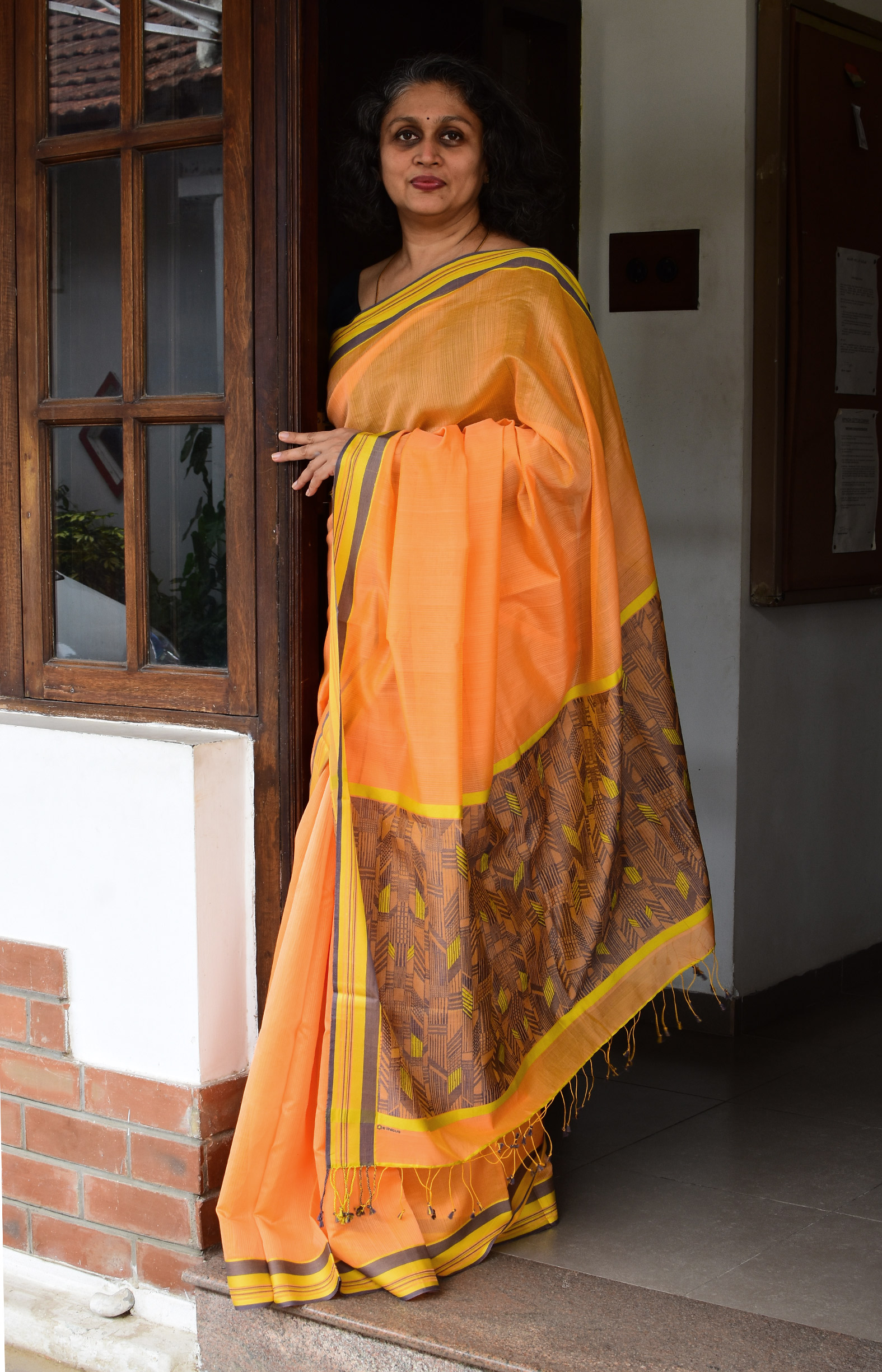 Orangish Yellow, Handwoven Organic Cotton, Textured Weave , Jacquard, Work Wear Saree